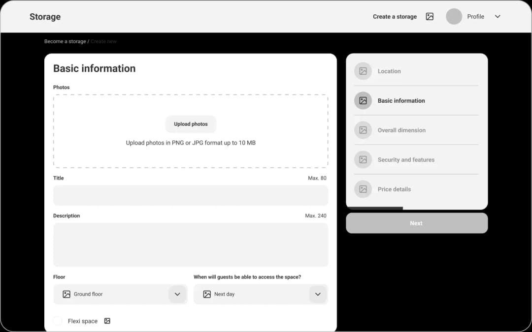 Storage creation form interface