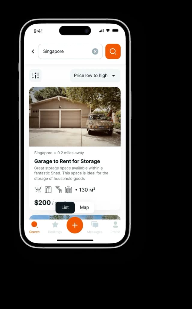 Mobile app listing for storage garage rental