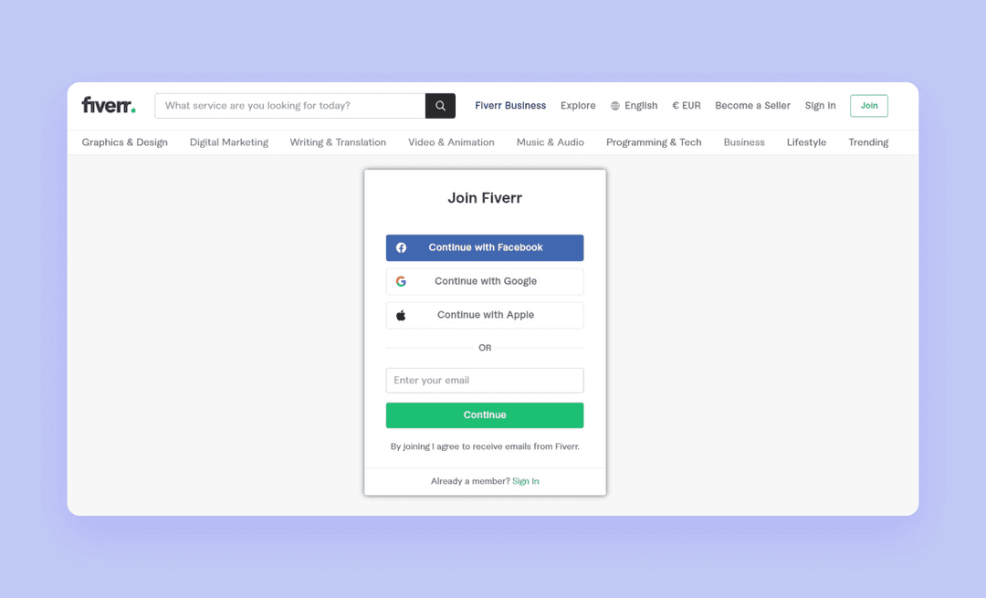 Регистрация на Fiverr скриншот