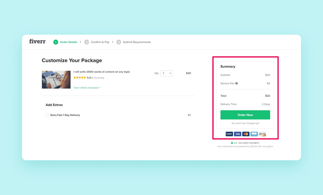 Оплата услуг на Fiverr — скриншот