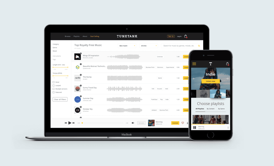 Маркетплейс роялти-фри музыки Tunetank на ноутбуке и смартфоне: каталог треков и плейлисты