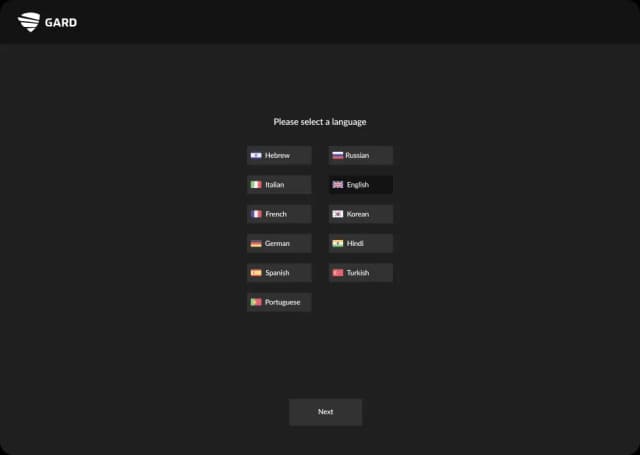 Language selection screen for mobile app