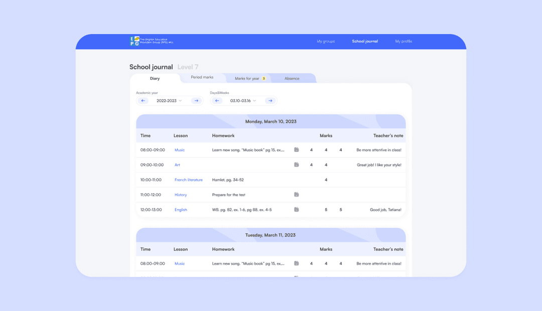 Student diary view