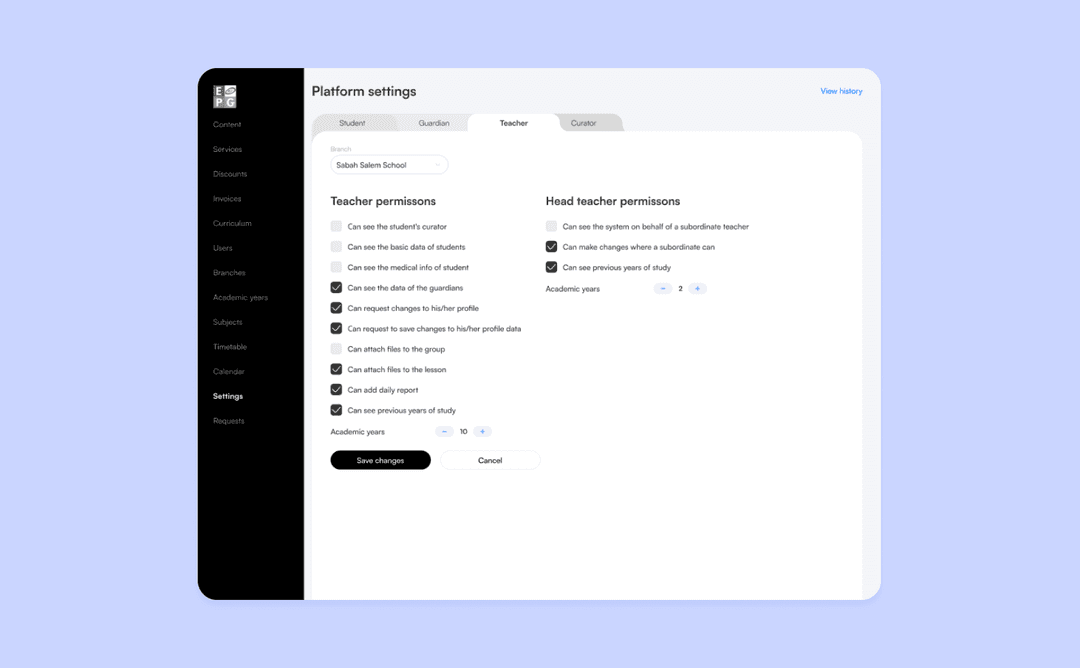 Role settings in the admin panel