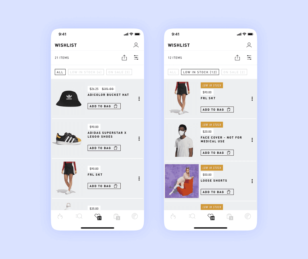 Два экрана приложения WISHLIST со списком избранных товаров adidas и фильтром «Low in stock»