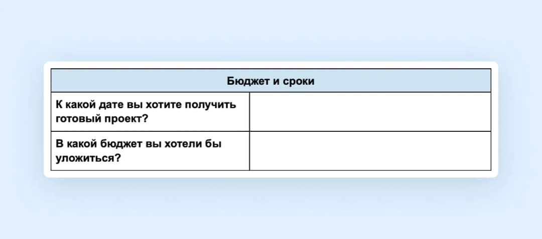 скриншот брифа, бюджет и сроки