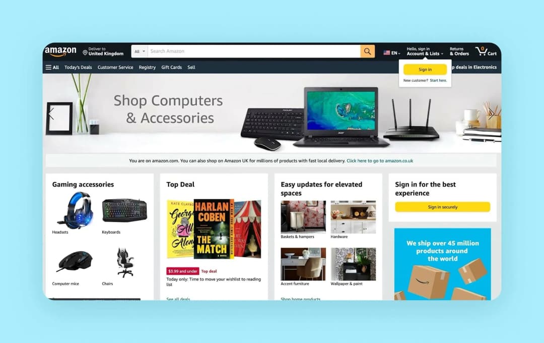 Главная страница Amazon — классика жанра