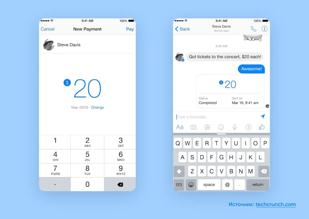Два экрана перевода $20 в Facebook Messenger; источник techcrunch.com