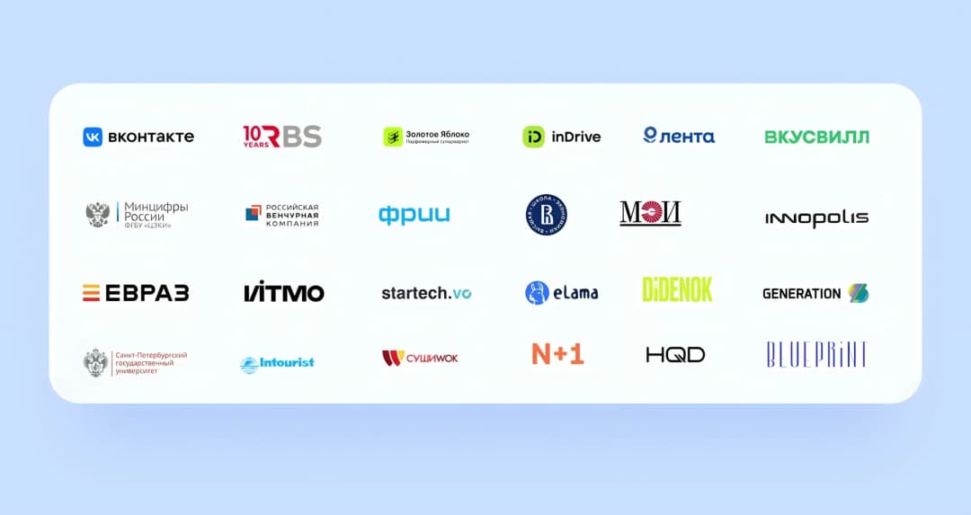 Стена логотипов клиентов и партнёров: ВКонтакте, inDrive, Лента, ВкусВилл, ЕВРАЗ, ИТМО и другие