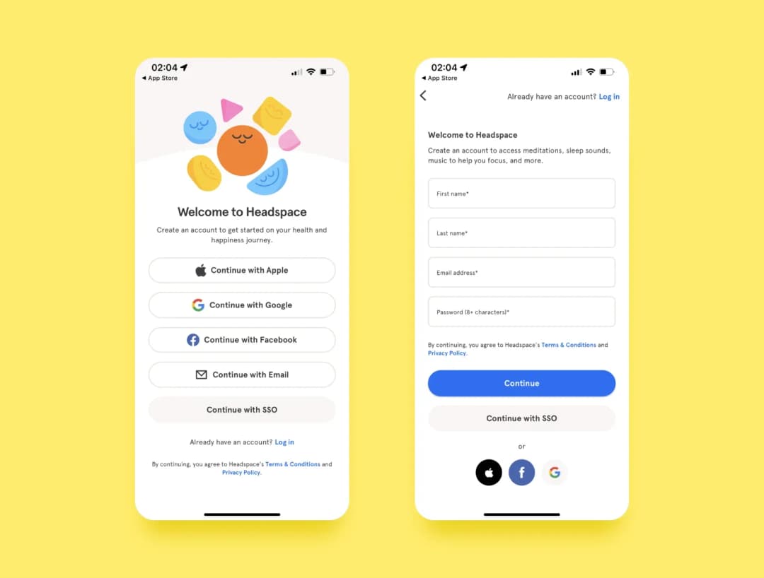 Headspace sign-up options