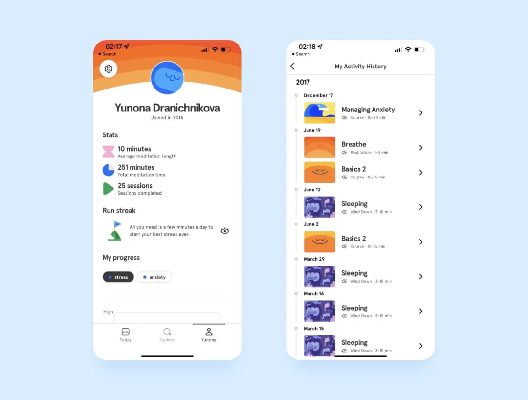 Headspace dashboard and activity history