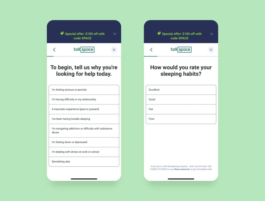 TalkSpace's questionnaire for newcomers
