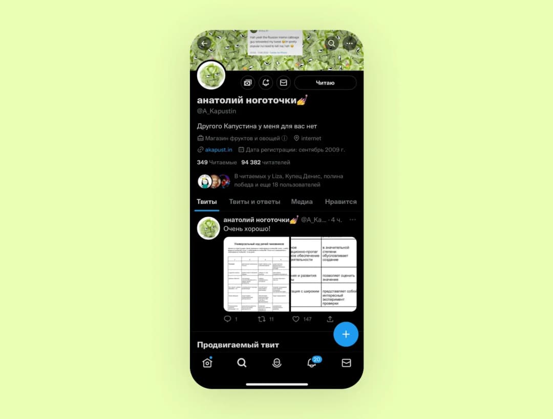 Экран профиля в соцсети X (Twitter): аккаунт «анатолий ноготочки», 94 382 читателя, лента твитов