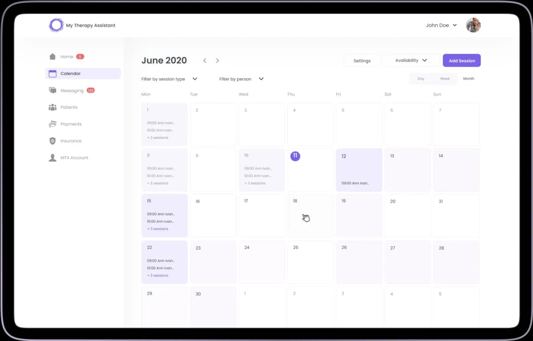 Appointment scheduling interface for therapy assistant app