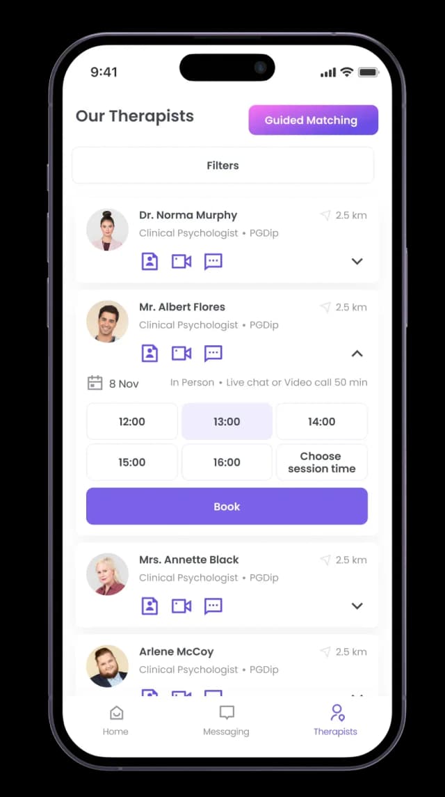 Mobile app therapist selection screen