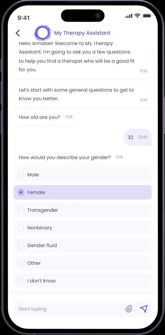 Mobile app onboarding screen with gender selection options