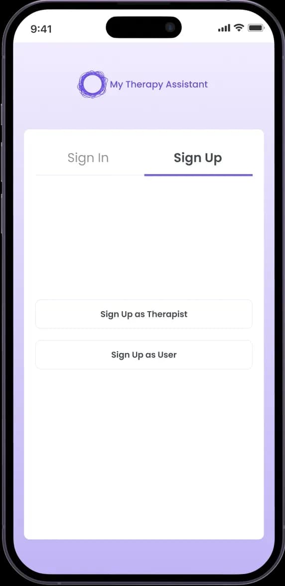 Mobile app sign-up screen for therapy services
