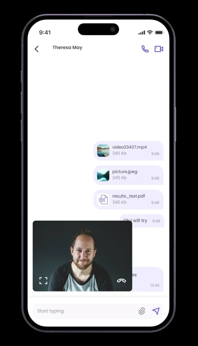 Messaging app chat screen with video and image files