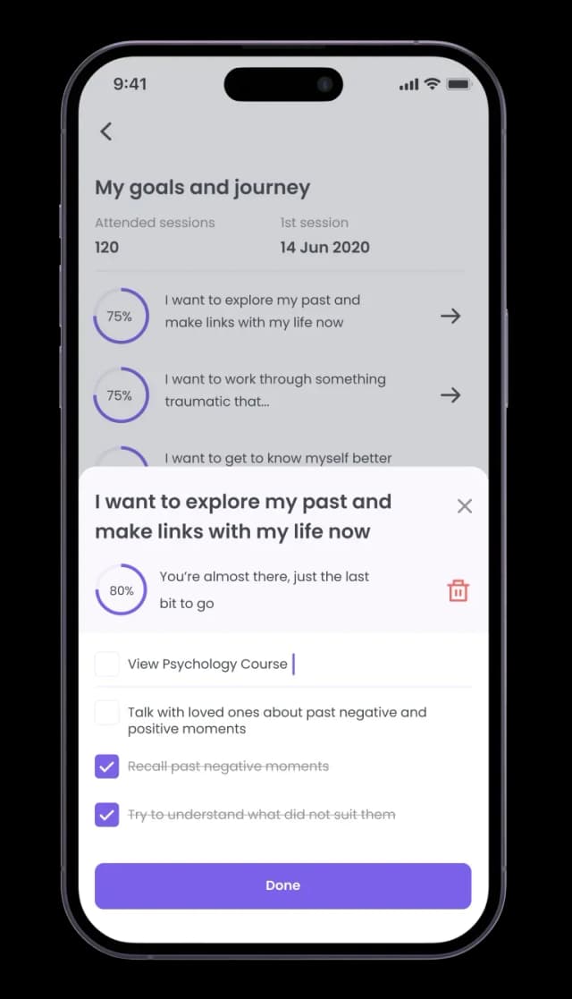 Mobile app goals and journey screen