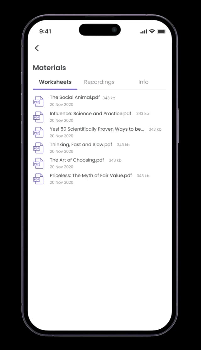 Mobile app materials screen with document list