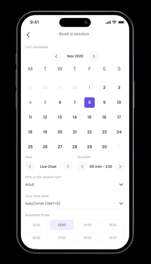 Mobile app booking session screen