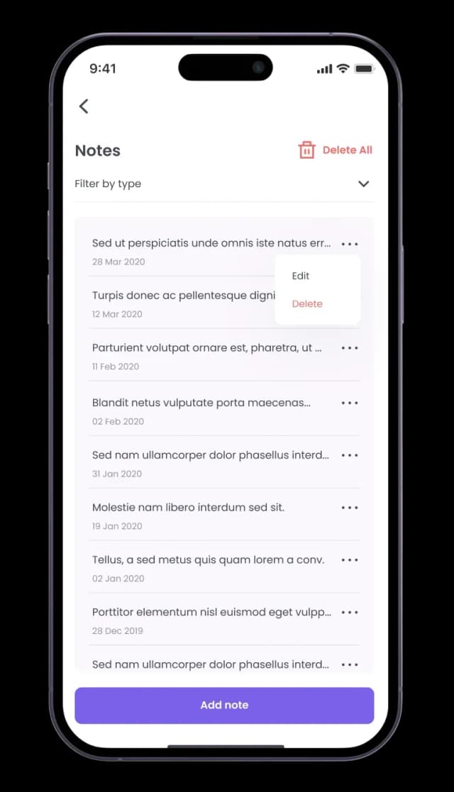 Mobile app notes management screen