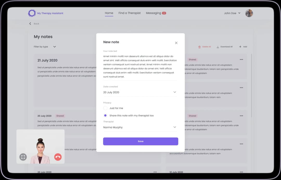 Therapy assistant app note-taking screen