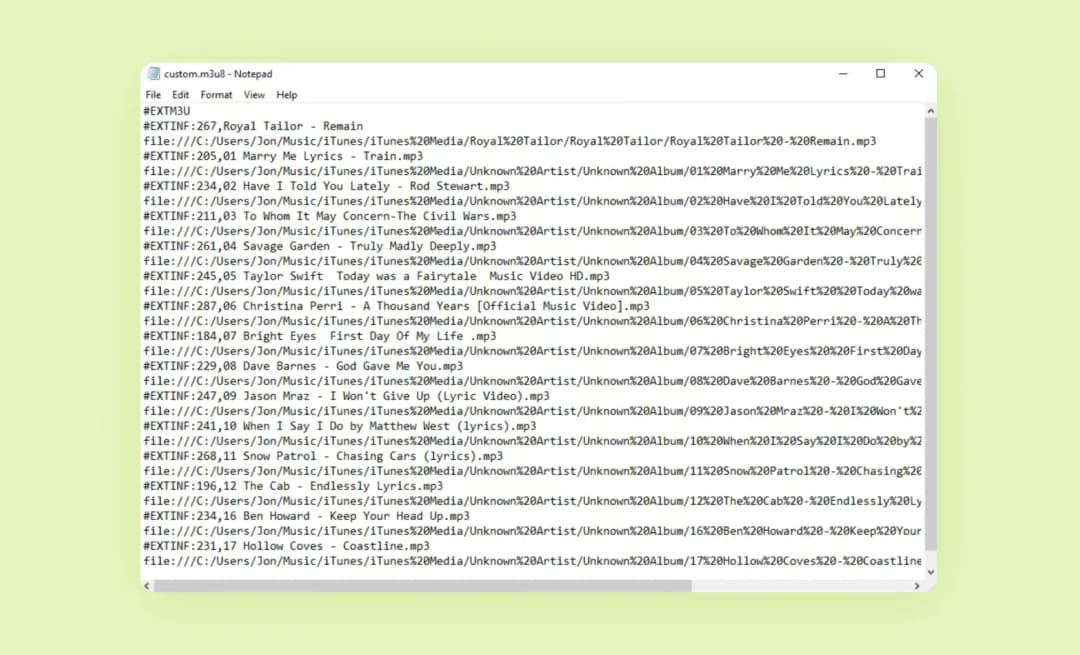 Файл custom.m3u8 в Блокноте Windows: строки EXTINF и локальные пути к mp3-трекам плейлиста