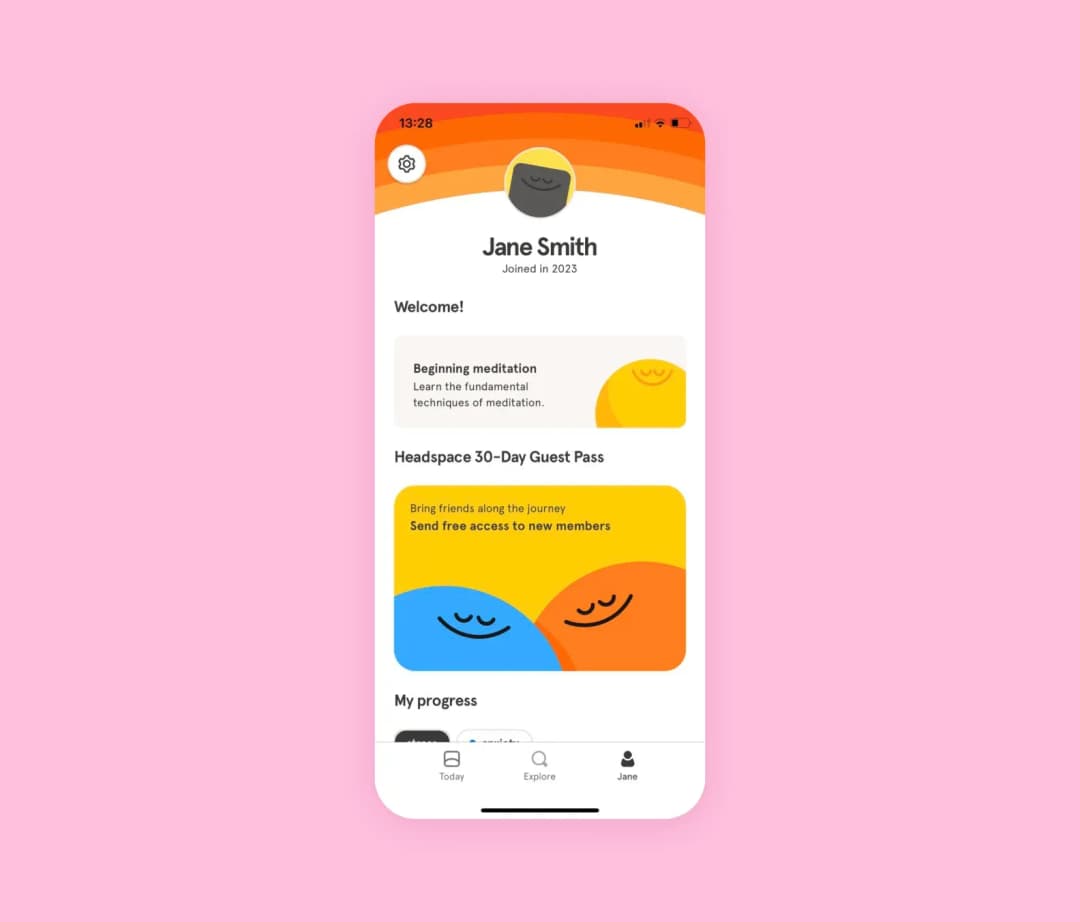 Профиль Jane Smith в Headspace: приветствие, курс медитации и гостевой пропуск на 30 дней