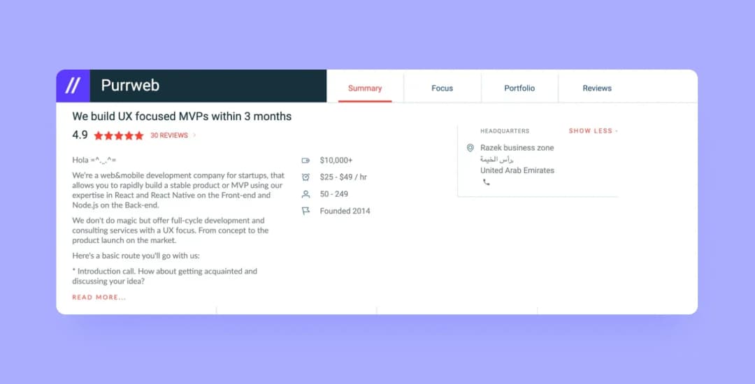 Purrweb Clutch profile: We build UX focused MVPs within 3 months, 4.9 rating, 30 reviews