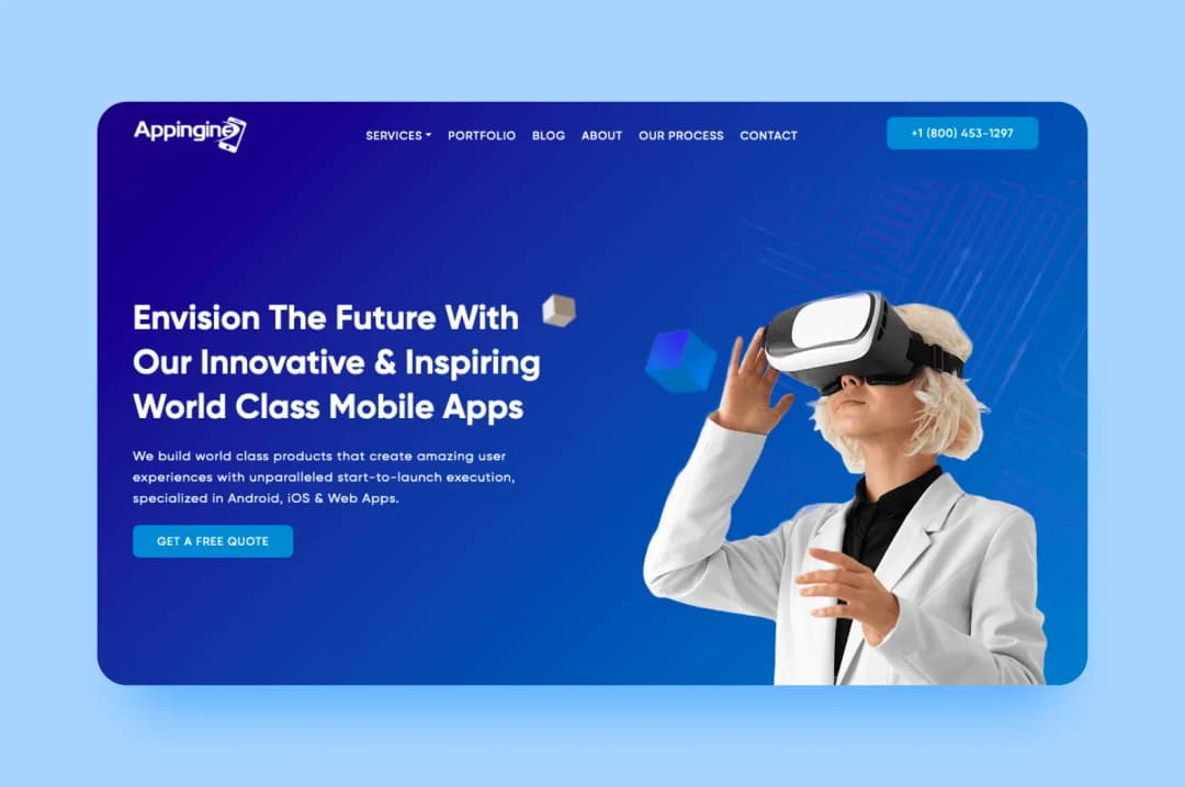 Appingine website hero with woman in VR headset: Envision The Future With World Class Mobile Apps