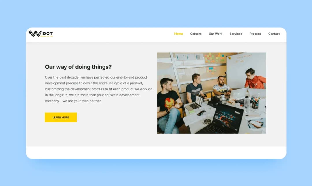RebelDot website Our way of doing things with team photo around laptops