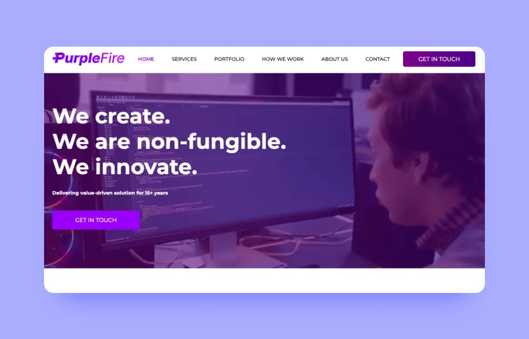 PurpleFire website hero: We create. We are non-fungible. We innovate.