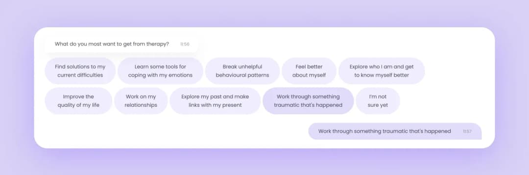 Therapy onboarding chat asking what you want from therapy with selectable goal options