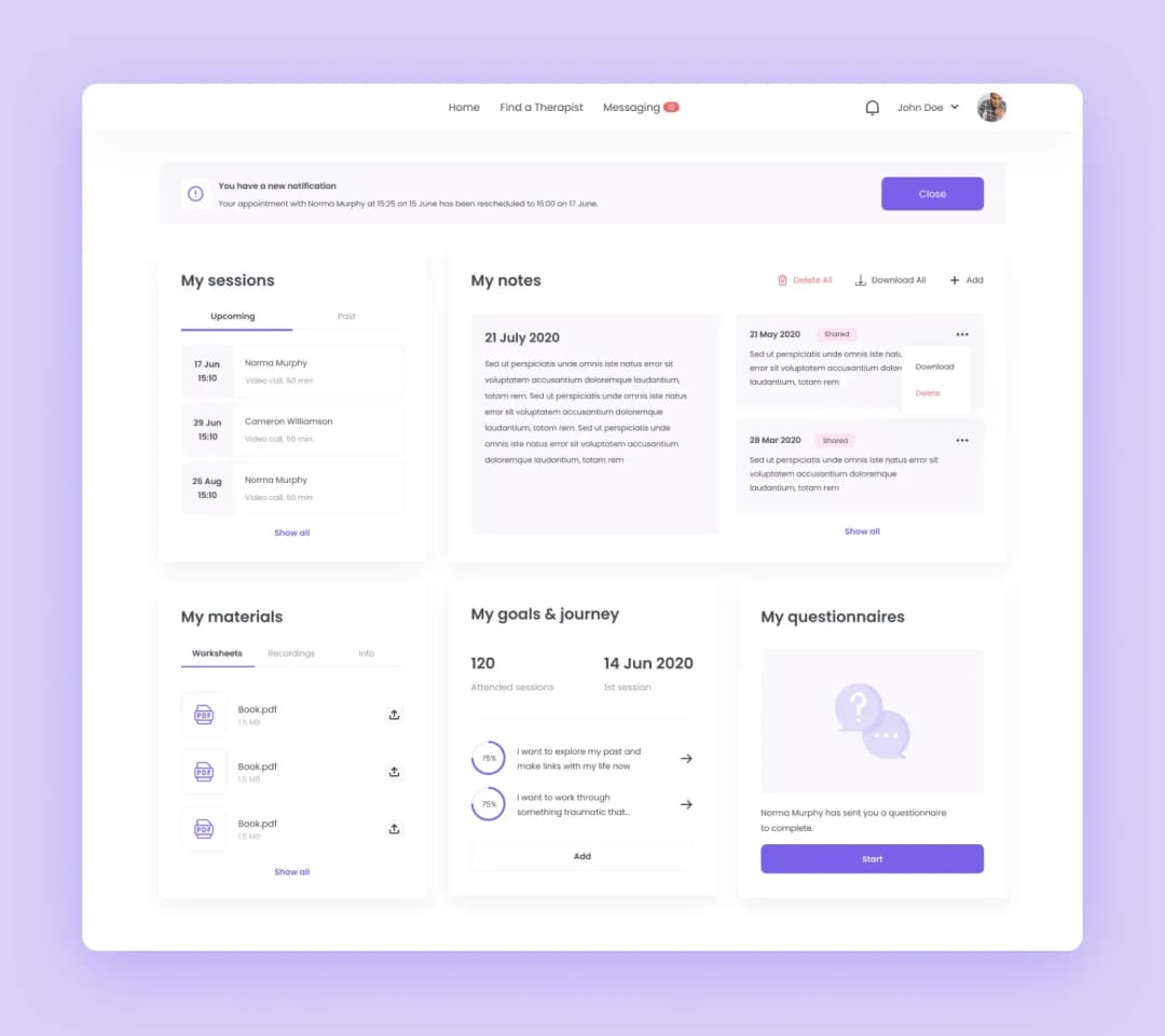 Therapy web dashboard with sessions, notes, materials, goals and questionnaires panels