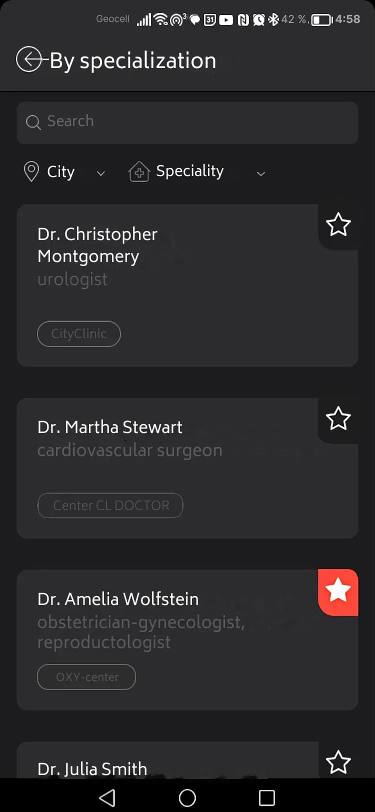 Specialist selection screen for healthcare app