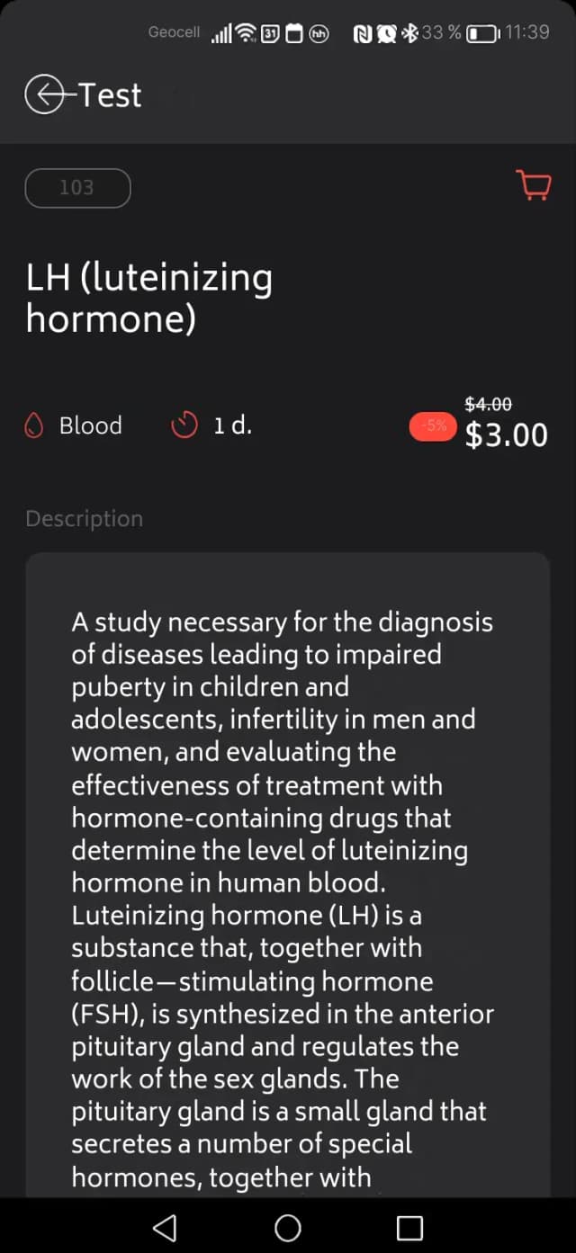 Mobile app health test details screen