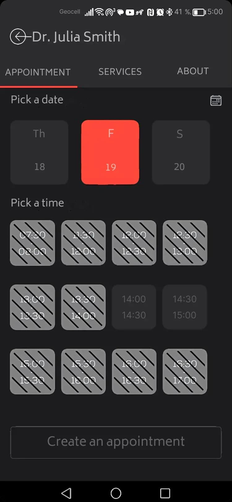 Appointment scheduling screen for a doctor