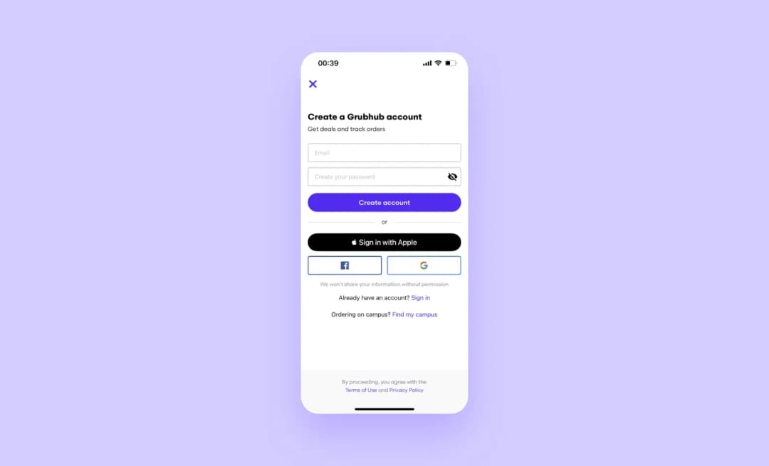GrubHub sign up screen