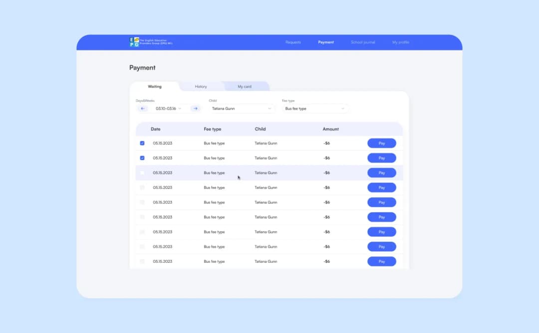 Интерфейс оплаты в электронном дневнике на ERP-платформе EPG