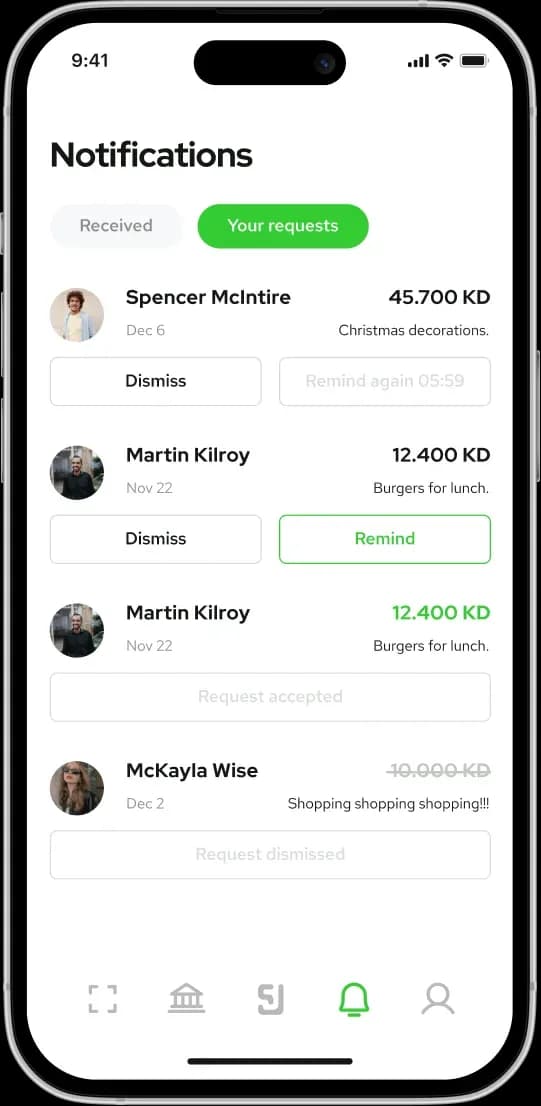 Notifications screen with request details