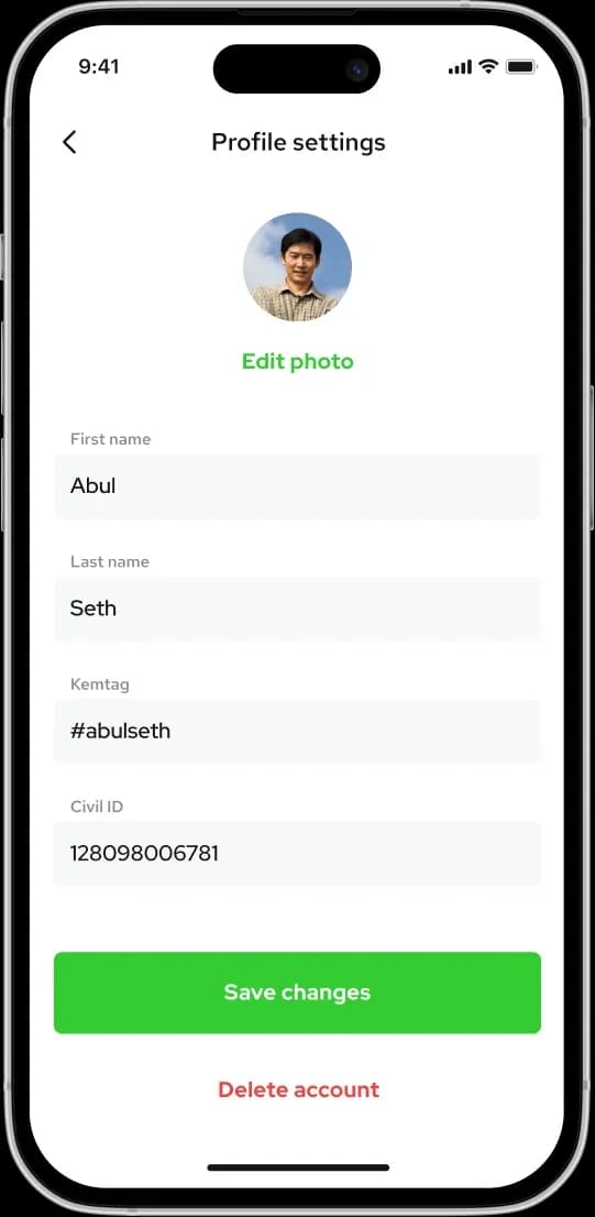 Mobile app profile settings screen