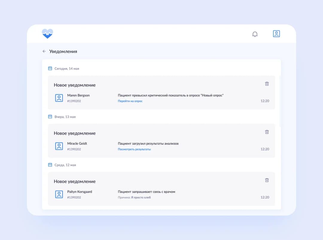 Экран уведомлений врача: превышение показателей, анализы, запросы связи