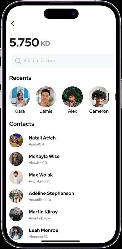 User profile and recent contacts list screen