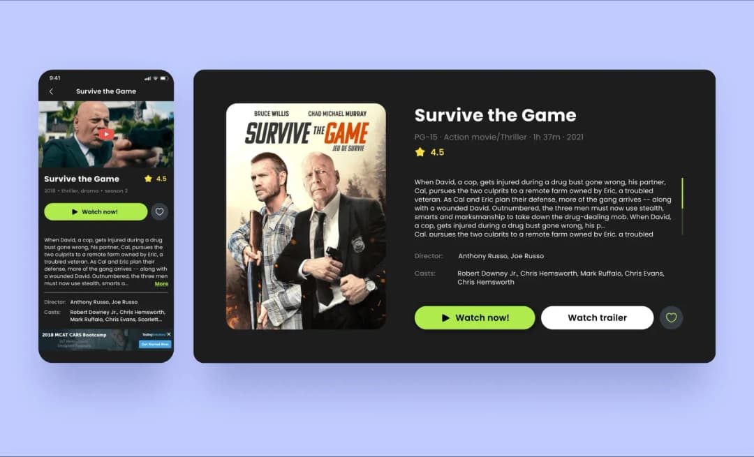 Карточка фильма Survive the Game на смартфоне и на ТВ с постером и описанием