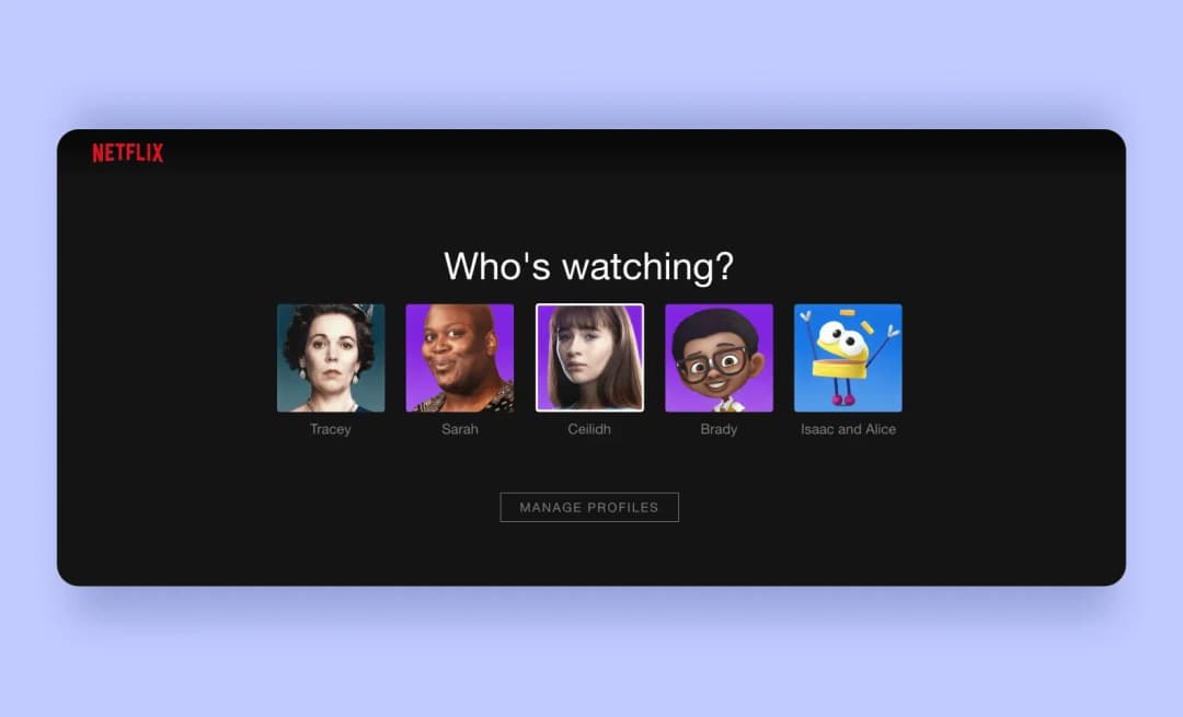 Экран выбора профиля Netflix «Who's watching?» с пятью аватарами пользователей