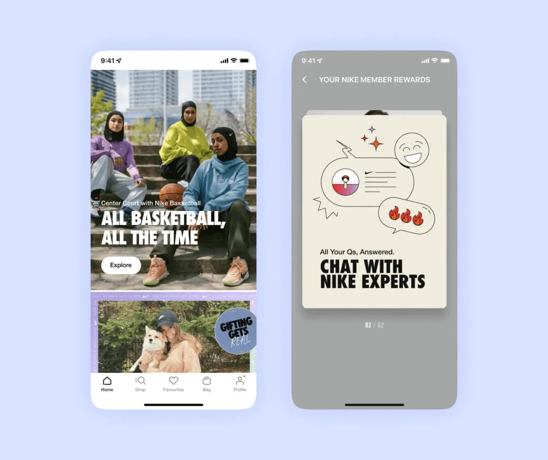 Nike app: All basketball, all the time home banner and a Chat with Nike experts member card