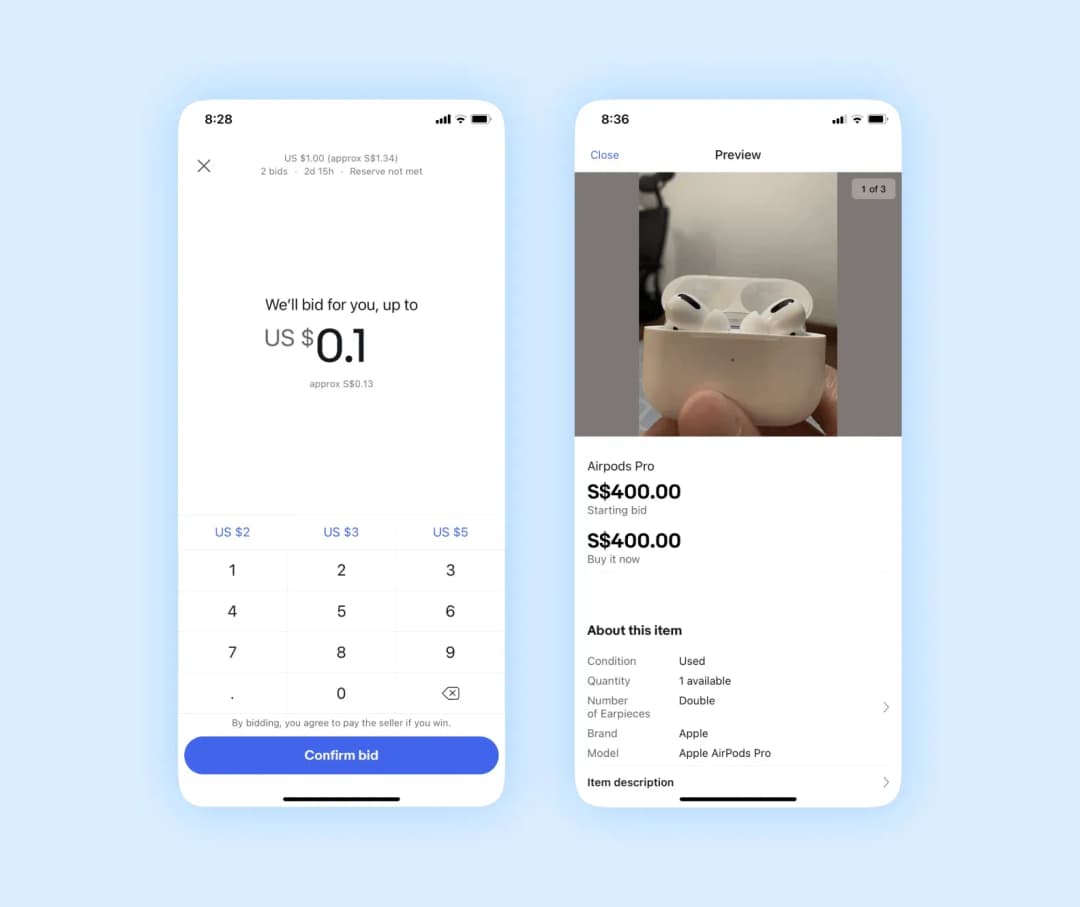 eBay bidding screen with a max bid of US$0.1 and an AirPods Pro auction preview at S$400