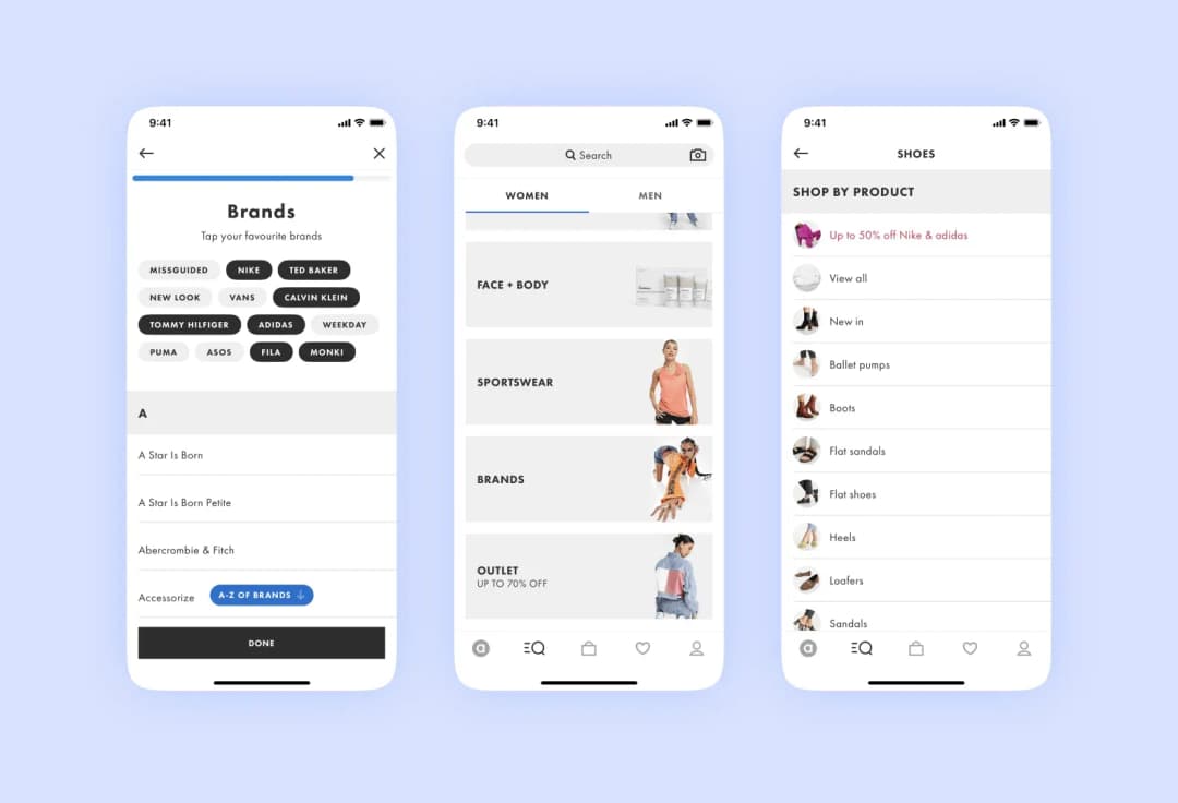 ASOS-style app: brand picker, women's category menu and a shoes shop-by-product list