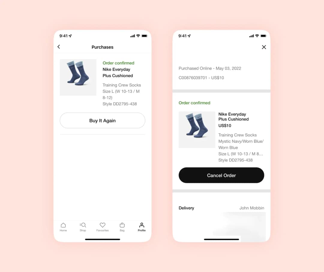 Nike order screens: confirmed Everyday Plus socks purchase with Buy It Again and Cancel Order